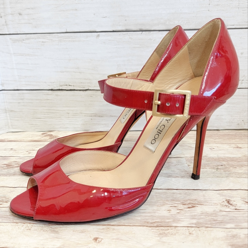 Jimmy Choo red patent leather peeptoe pumps with ankle strap and buckle